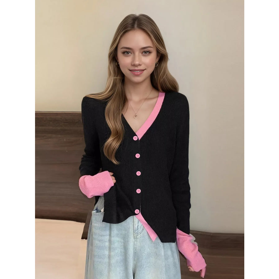 Contrast Trim Ribbed Knit Cardigan Apparel and Accessories