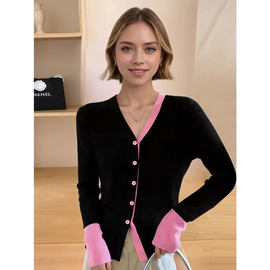 Contrast Trim Ribbed Knit Cardigan Apparel and Accessories
