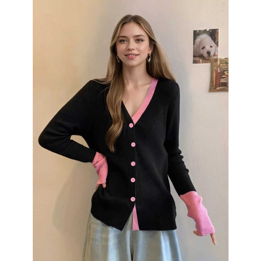 Contrast Trim Ribbed Knit Cardigan Apparel and Accessories