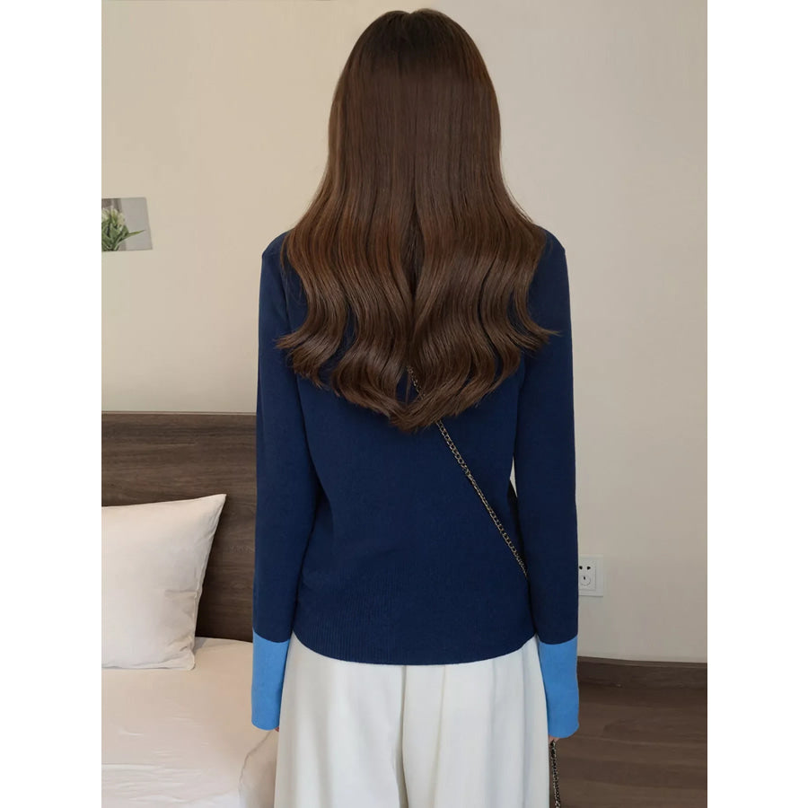 Contrast Trim Ribbed Knit Cardigan Apparel and Accessories