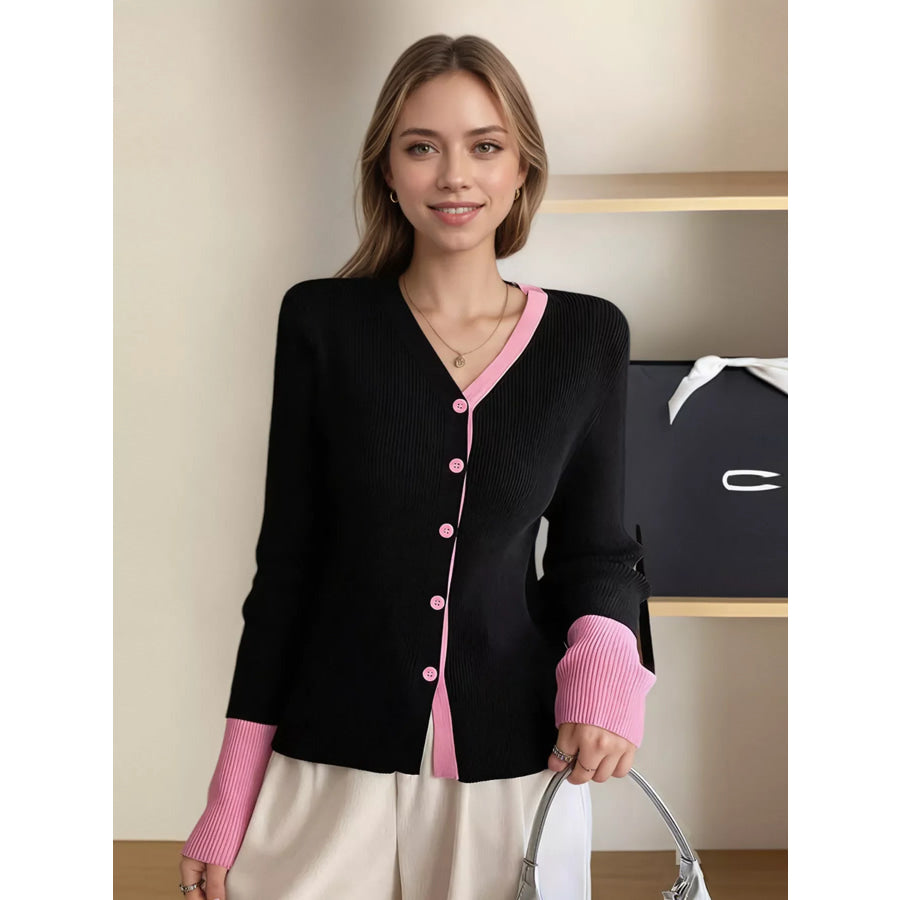 Contrast Trim Ribbed Knit Cardigan Pink / One Size Apparel and Accessories