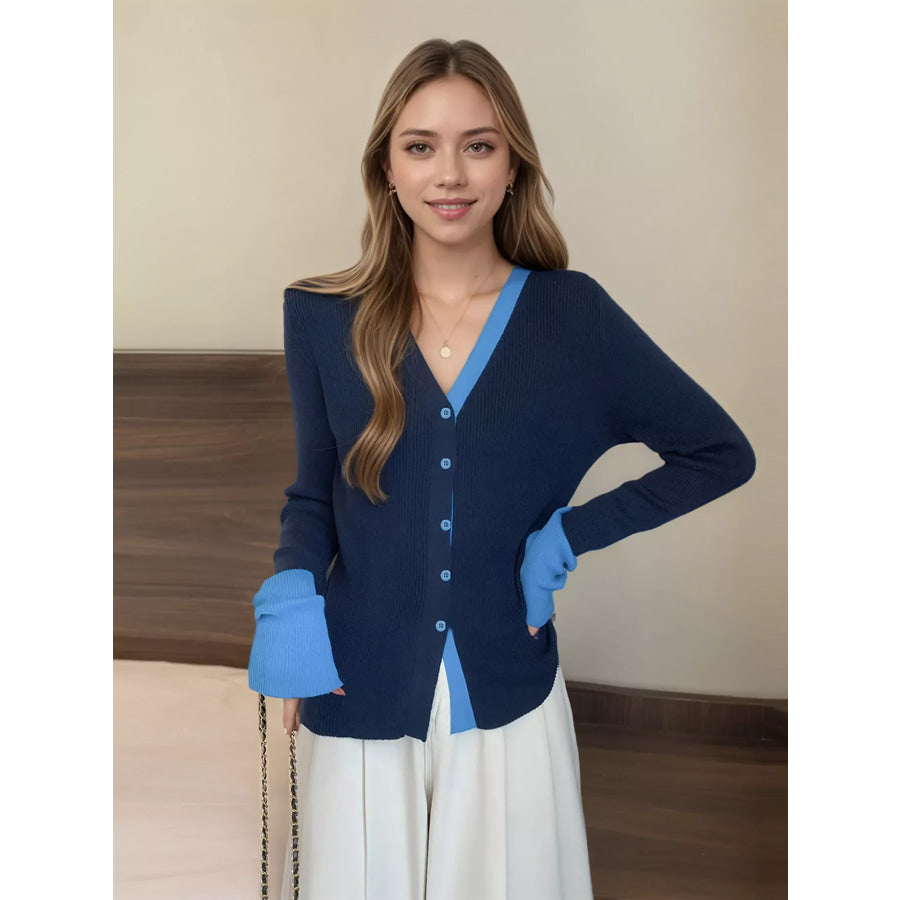 Contrast Trim Ribbed Knit Cardigan Sky Blue / One Size Apparel and Accessories