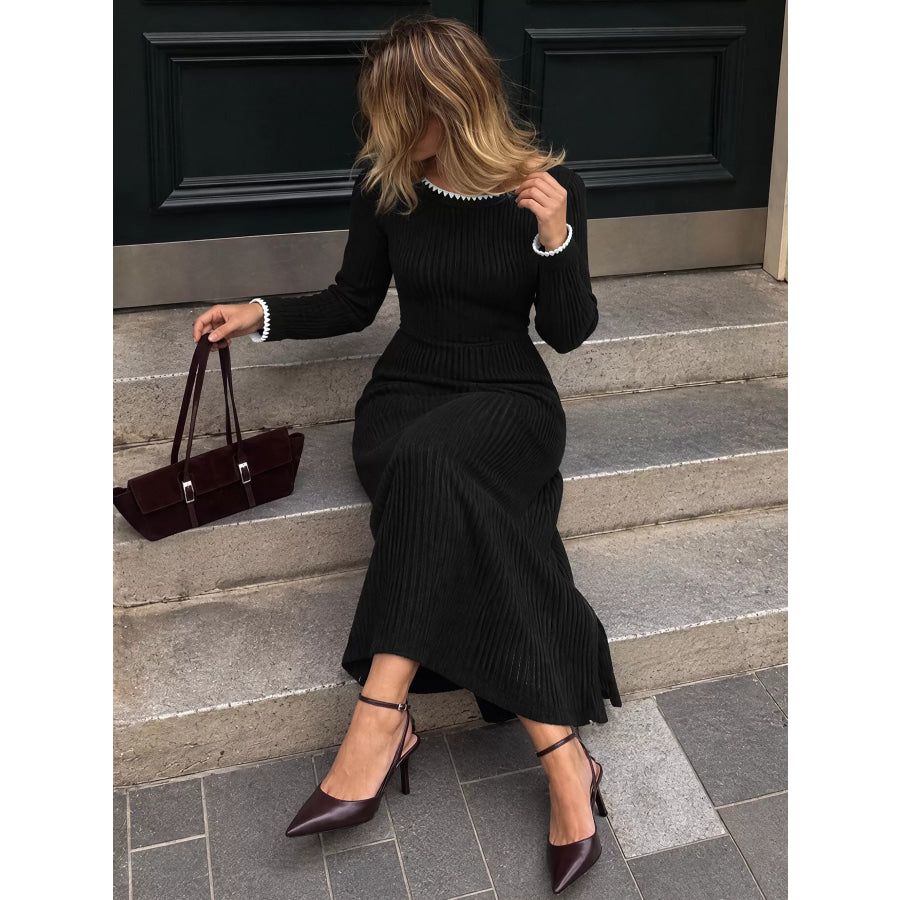 Contrast Trim Ribbed Knit Dress Apparel and Accessories
