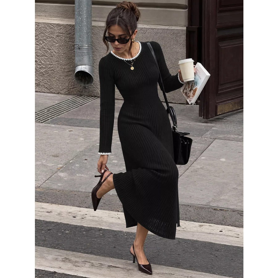 Contrast Trim Ribbed Knit Dress Apparel and Accessories