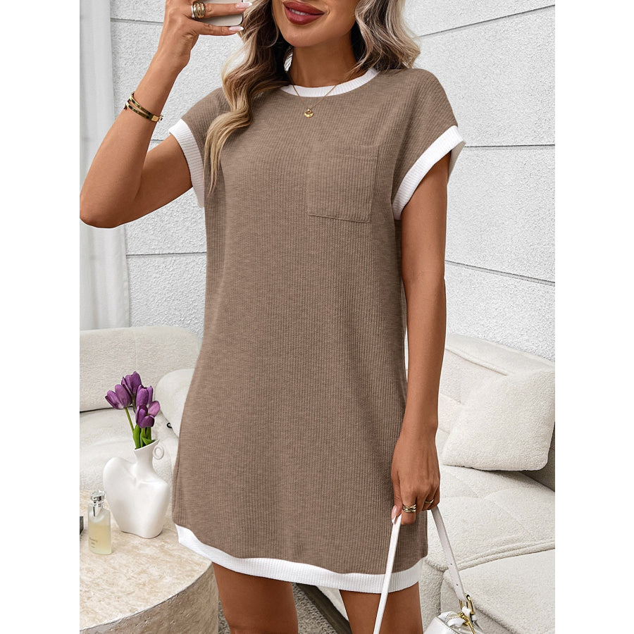Contrast Trim Ribbed Knit Mini Dress with Pocket Apparel and Accessories