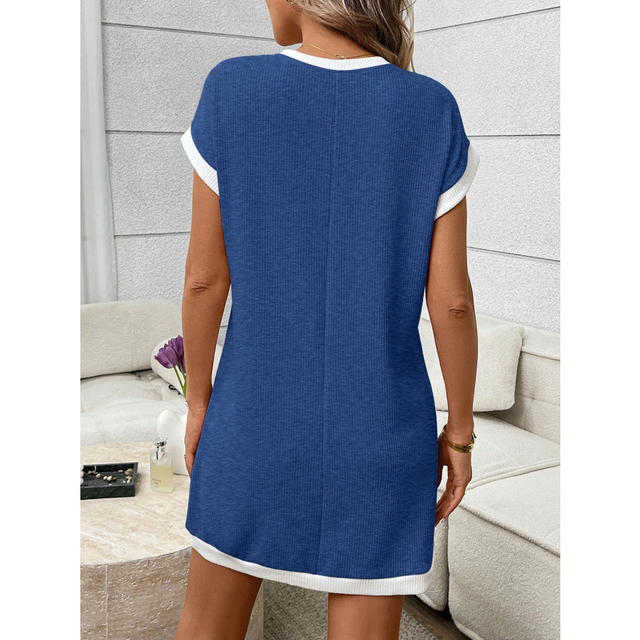 Contrast Trim Ribbed Knit Mini Dress with Pocket Apparel and Accessories