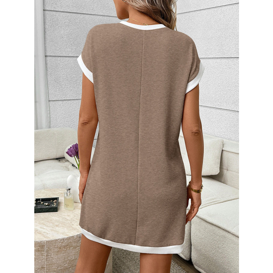 Contrast Trim Ribbed Knit Mini Dress with Pocket Apparel and Accessories