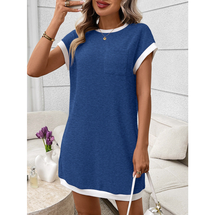 Contrast Trim Ribbed Knit Mini Dress with Pocket Apparel and Accessories