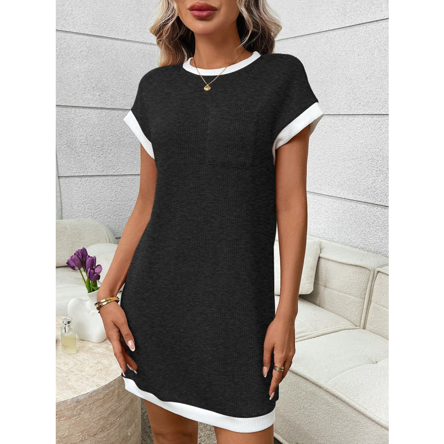 Contrast Trim Ribbed Knit Mini Dress with Pocket Apparel and Accessories