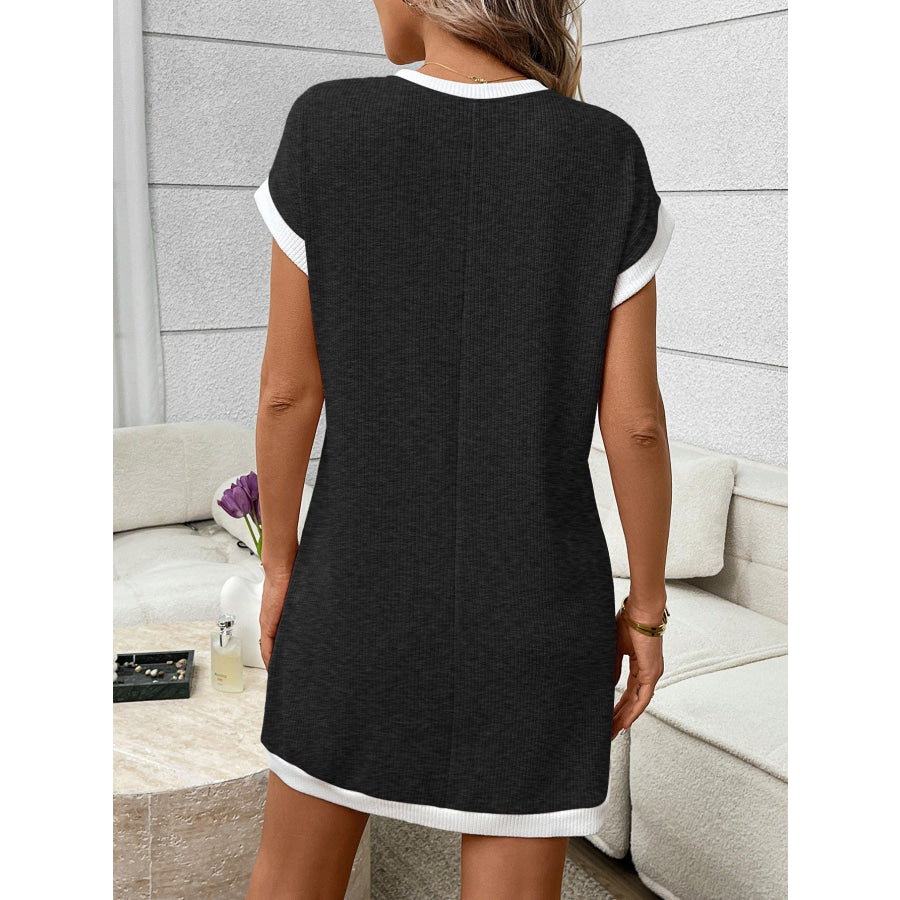 Contrast Trim Ribbed Knit Mini Dress with Pocket Apparel and Accessories