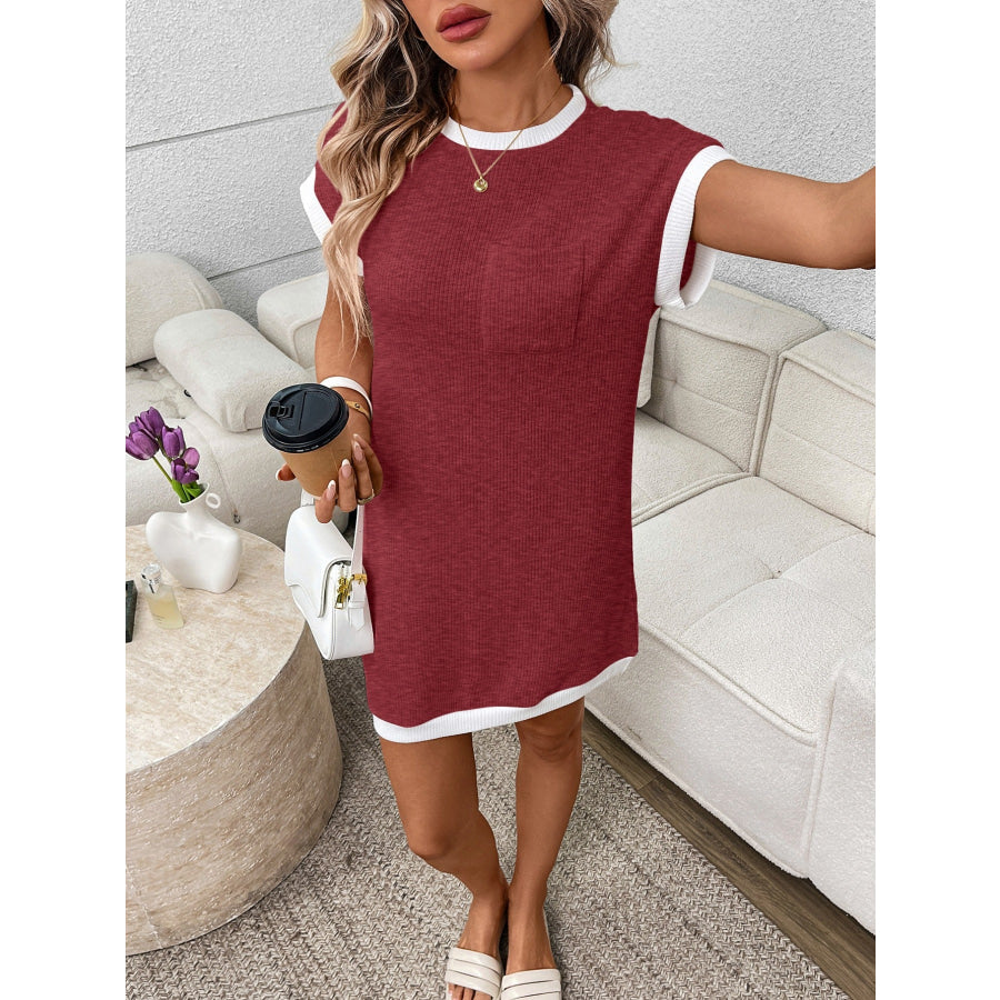 Contrast Trim Ribbed Knit Mini Dress with Pocket Apparel and Accessories