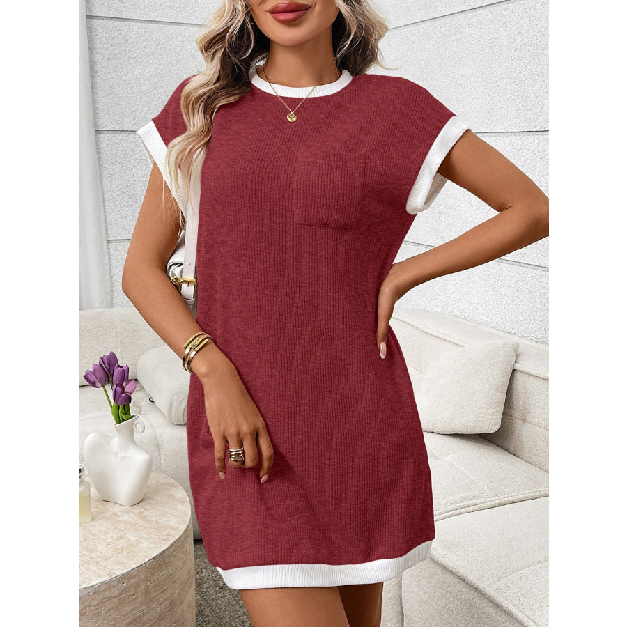 Contrast Trim Ribbed Knit Mini Dress with Pocket Apparel and Accessories