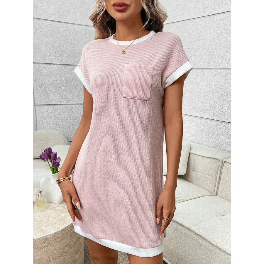 Contrast Trim Ribbed Knit Mini Dress with Pocket Apparel and Accessories