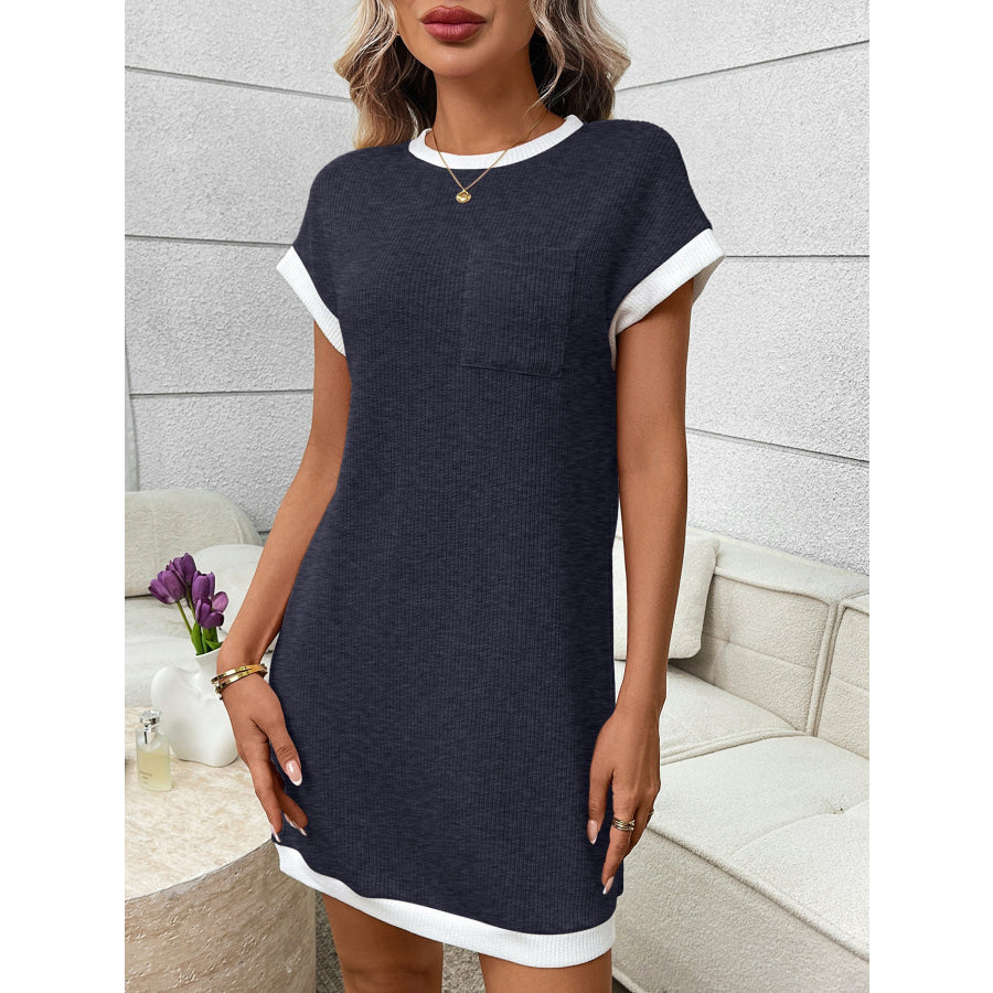 Contrast Trim Ribbed Knit Mini Dress with Pocket Apparel and Accessories