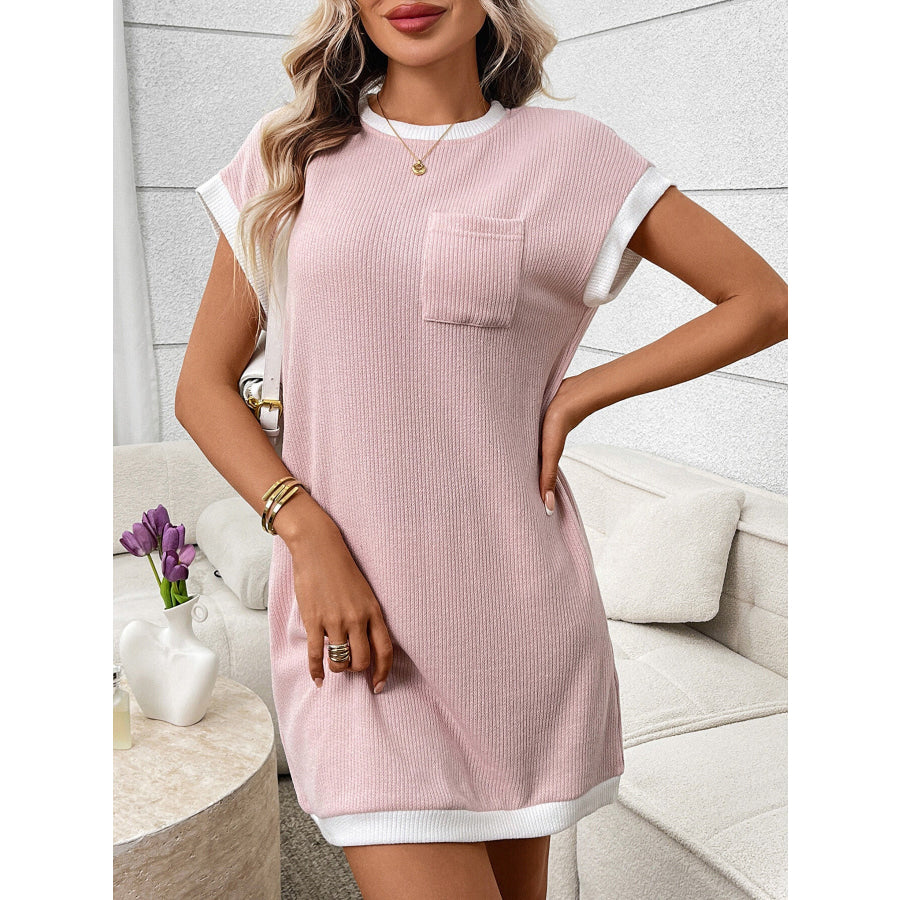 Contrast Trim Ribbed Knit Mini Dress with Pocket Apparel and Accessories