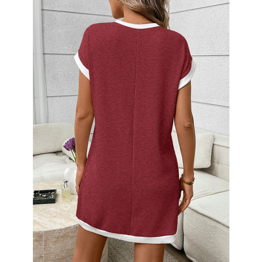 Contrast Trim Ribbed Knit Mini Dress with Pocket Apparel and Accessories