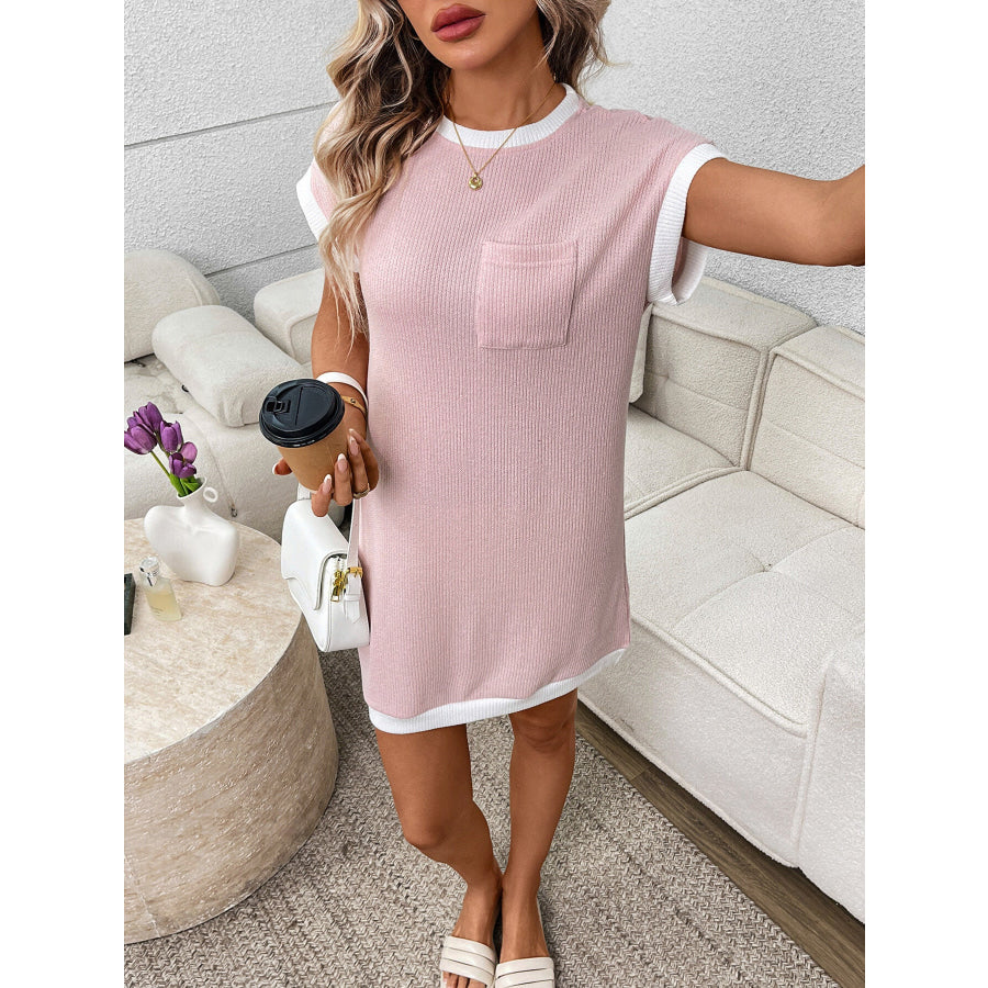 Contrast Trim Ribbed Knit Mini Dress with Pocket Apparel and Accessories