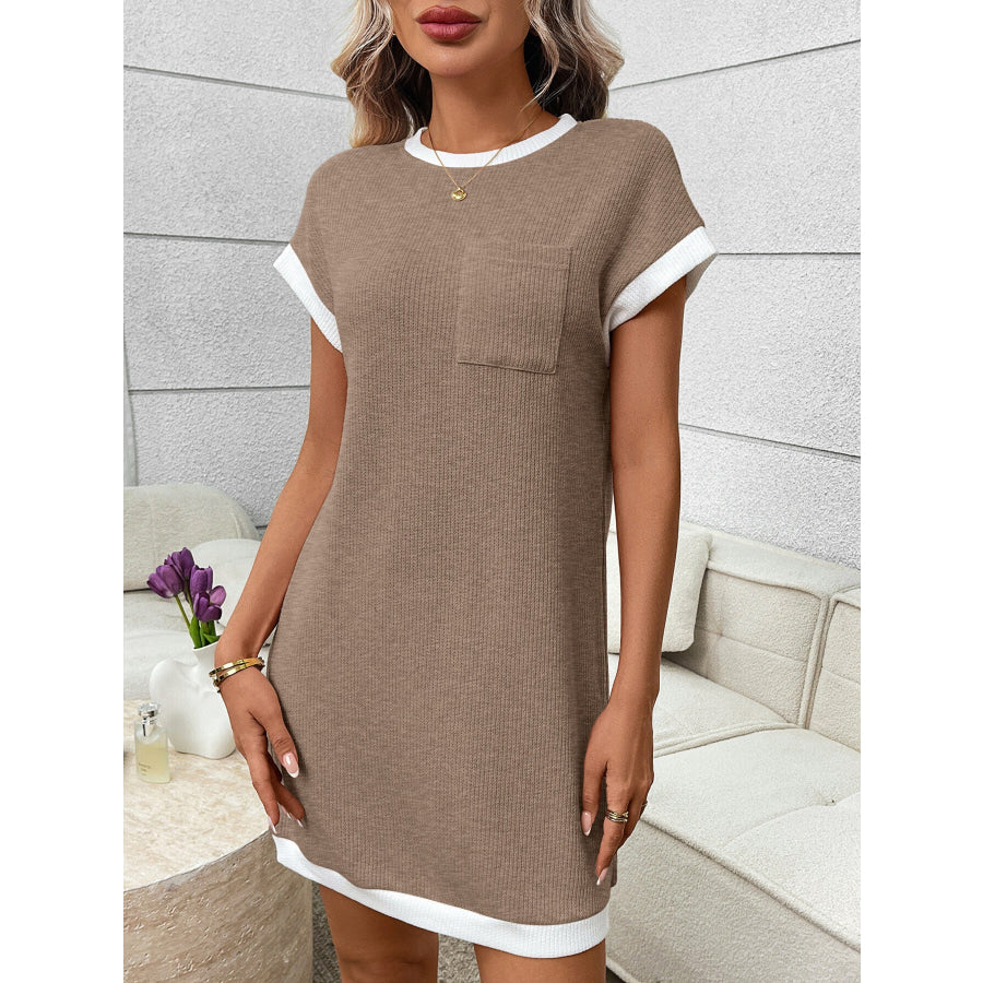 Contrast Trim Ribbed Knit Mini Dress with Pocket Apparel and Accessories