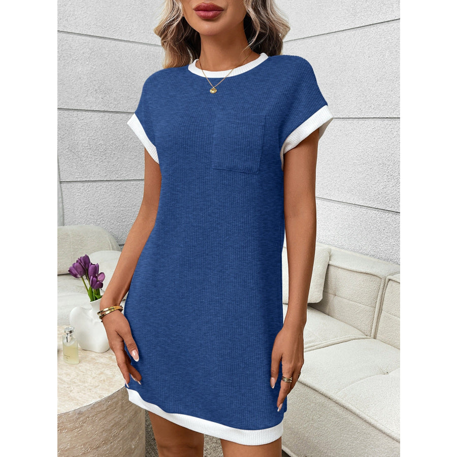 Contrast Trim Ribbed Knit Mini Dress with Pocket Apparel and Accessories