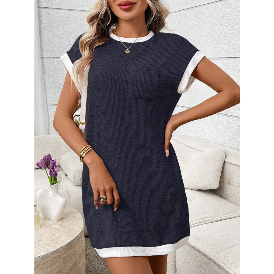 Contrast Trim Ribbed Knit Mini Dress with Pocket Apparel and Accessories