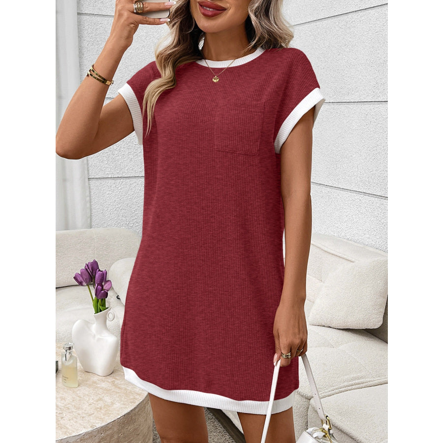 Contrast Trim Ribbed Knit Mini Dress with Pocket Apparel and Accessories