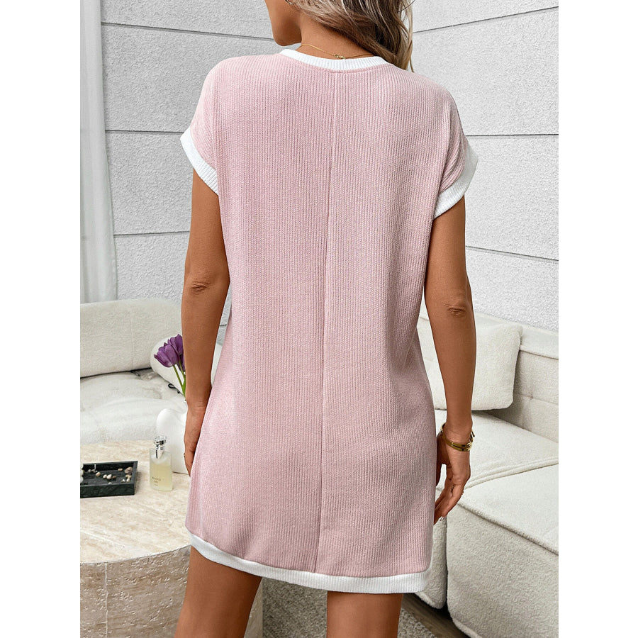 Contrast Trim Ribbed Knit Mini Dress with Pocket Apparel and Accessories