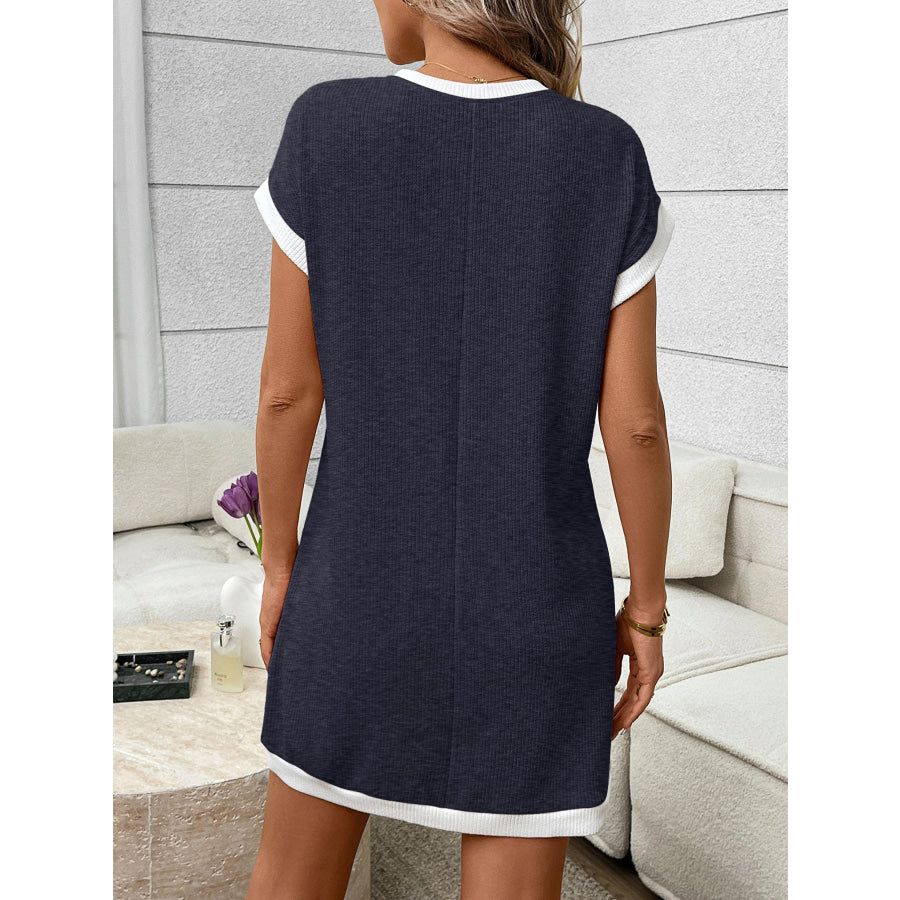 Contrast Trim Ribbed Knit Mini Dress with Pocket Apparel and Accessories