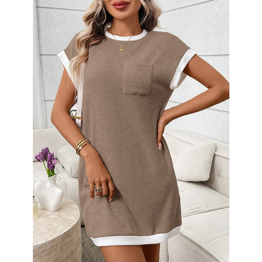 Contrast Trim Ribbed Knit Mini Dress with Pocket Beige / S Apparel and Accessories