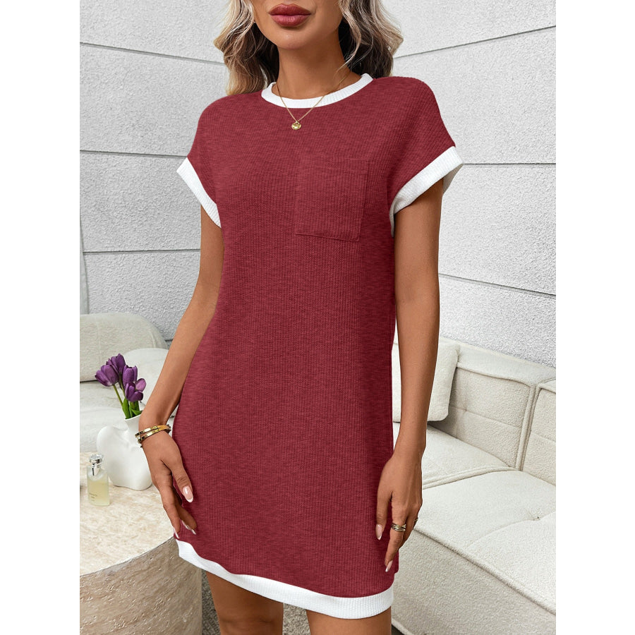 Contrast Trim Ribbed Knit Mini Dress with Pocket Burgundy / S Apparel and Accessories