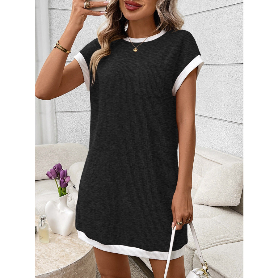 Contrast Trim Ribbed Knit Mini Dress with Pocket Gray / S Apparel and Accessories