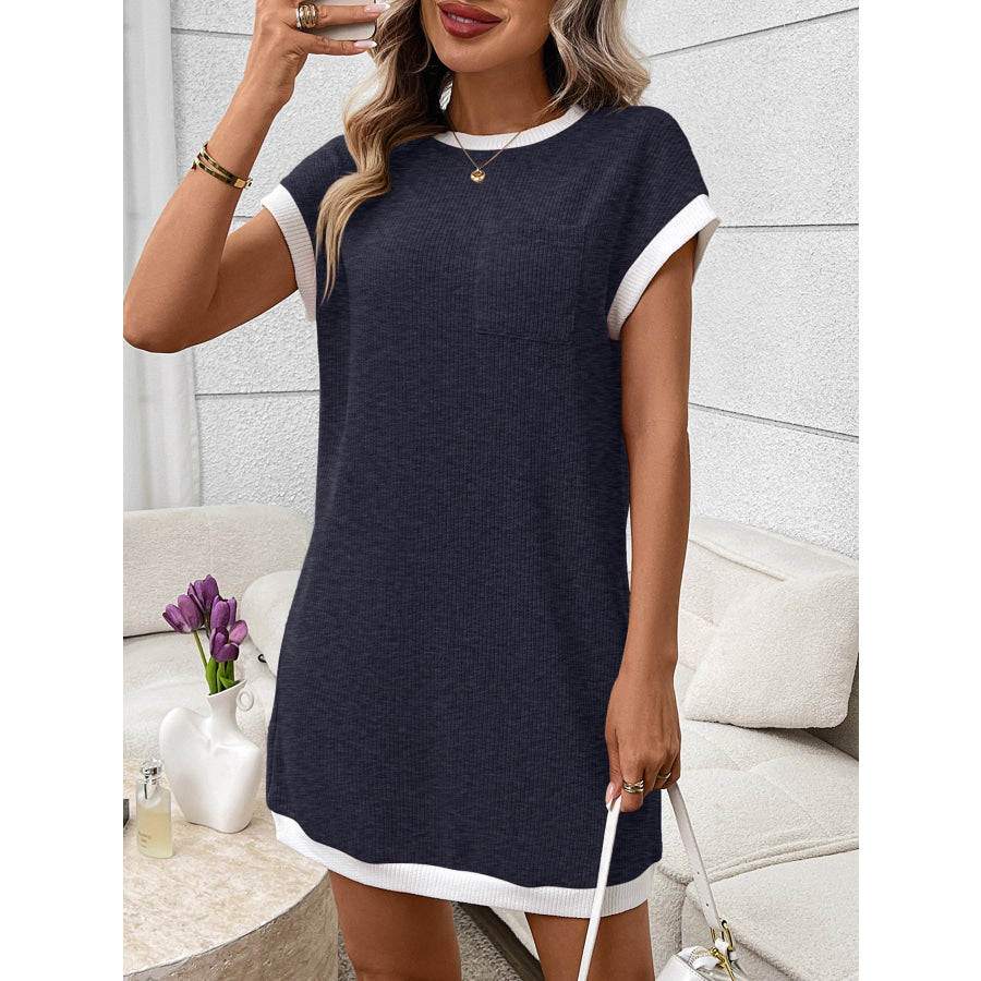 Contrast Trim Ribbed Knit Mini Dress with Pocket Navy / S Apparel and Accessories