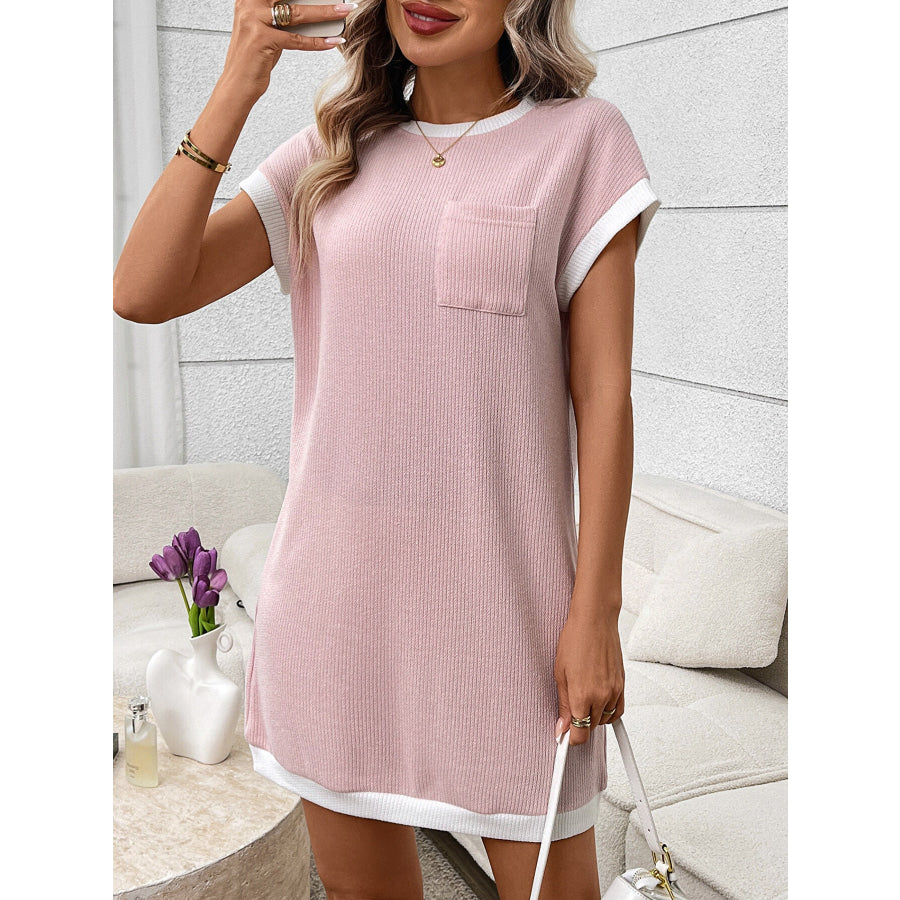 Contrast Trim Ribbed Knit Mini Dress with Pocket Pink / S Apparel and Accessories