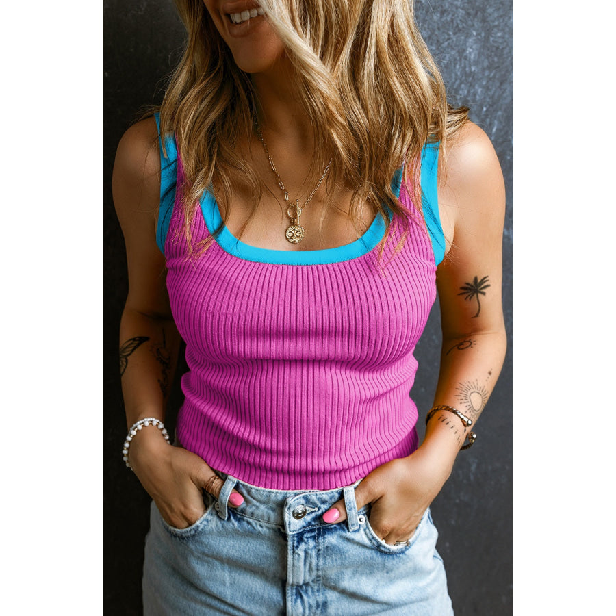 Contrast Trim Ribbed Knit Vest Hot Pink / M Apparel and Accessories