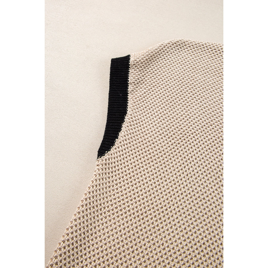 Contrast Trim Round Neck Cap Sleeve Knit Top Apparel and Accessories