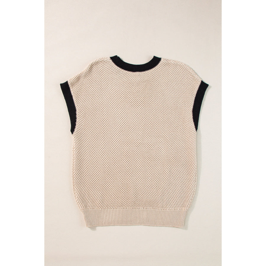 Contrast Trim Round Neck Cap Sleeve Knit Top Apparel and Accessories