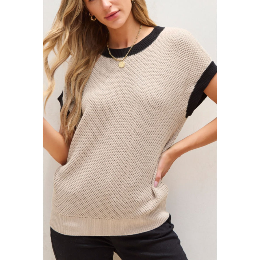 Contrast Trim Round Neck Cap Sleeve Knit Top Beige / S Apparel and Accessories