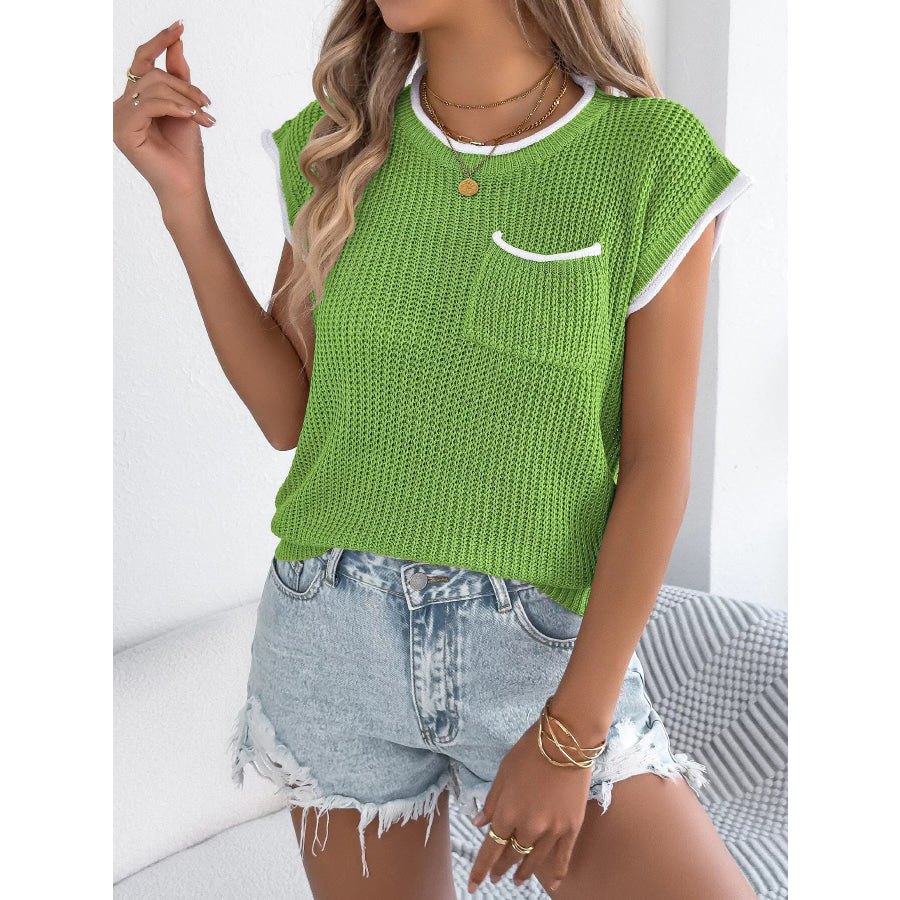 Contrast Trim Round Neck Cap Sleeve Sweater Apparel and Accessories