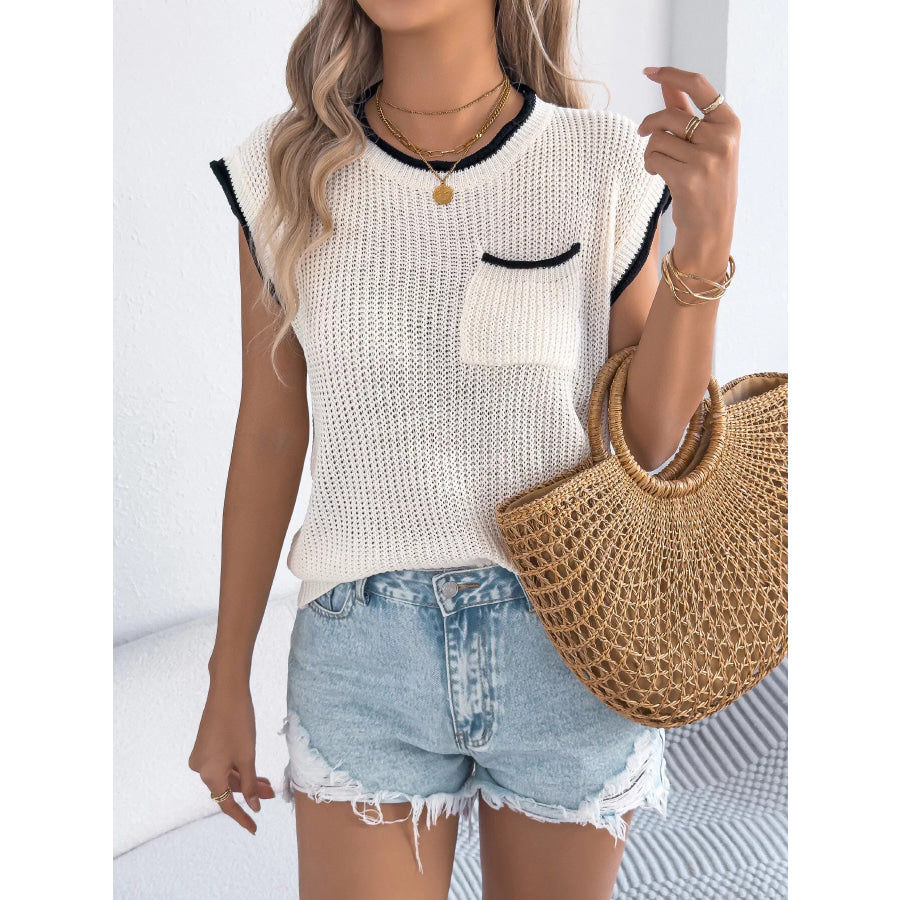 Contrast Trim Round Neck Cap Sleeve Sweater Apparel and Accessories