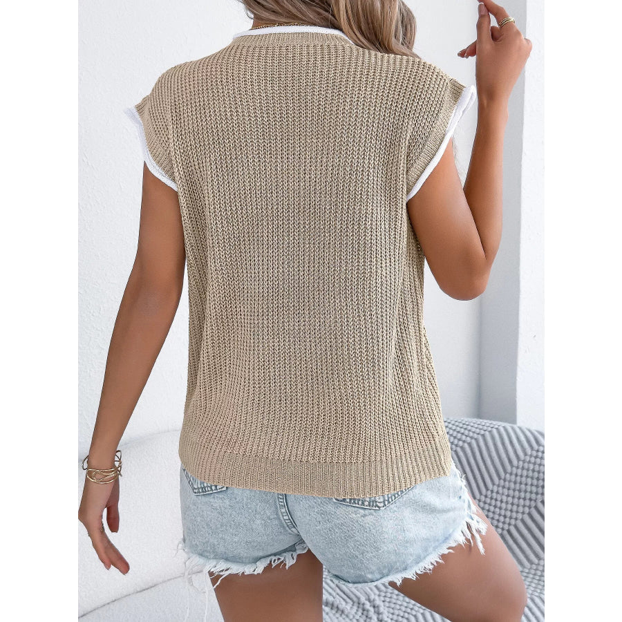 Contrast Trim Round Neck Cap Sleeve Sweater Apparel and Accessories