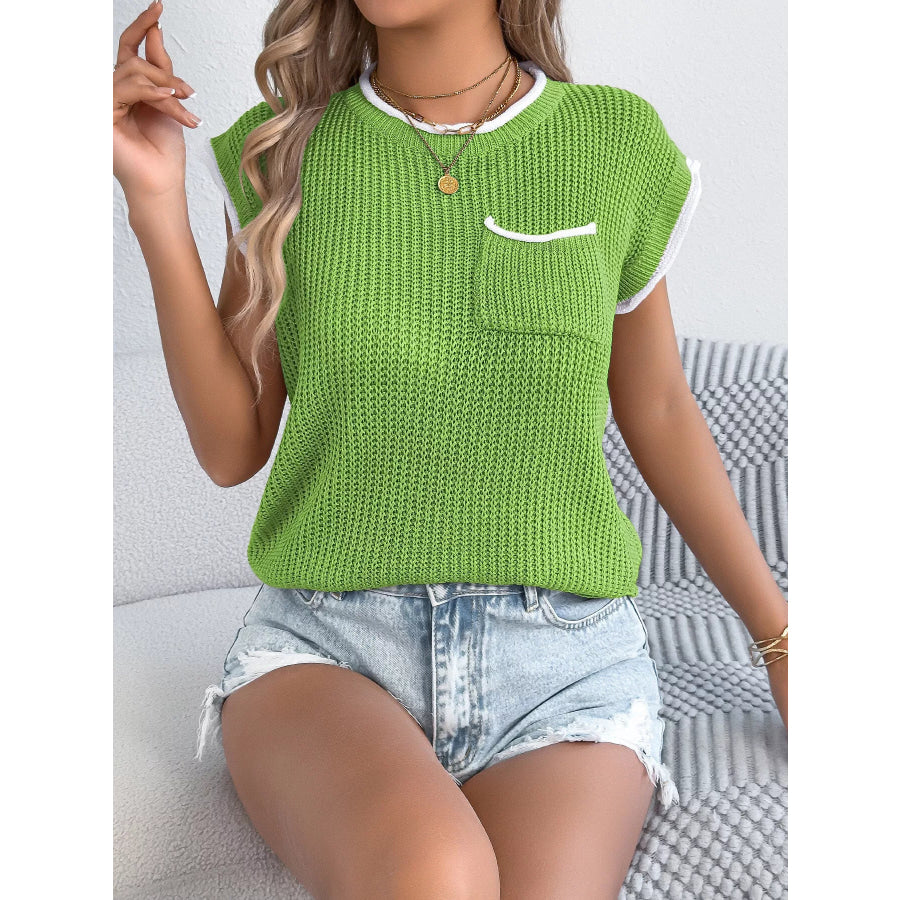 Contrast Trim Round Neck Cap Sleeve Sweater Apparel and Accessories