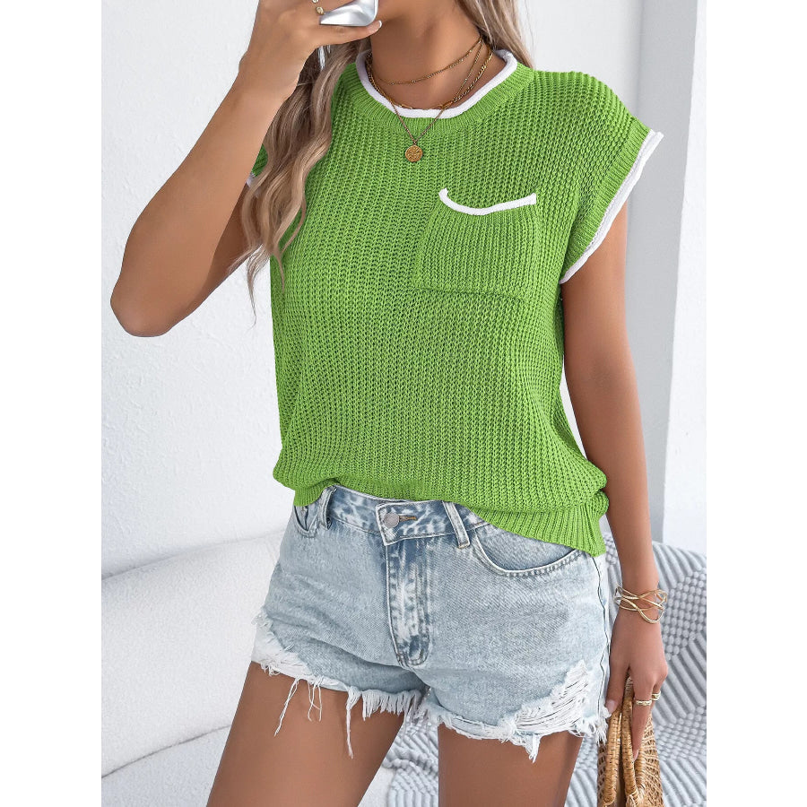 Contrast Trim Round Neck Cap Sleeve Sweater Apparel and Accessories