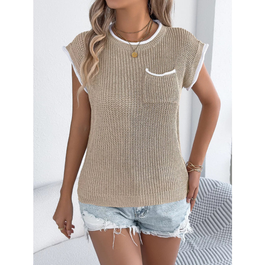 Contrast Trim Round Neck Cap Sleeve Sweater Apparel and Accessories