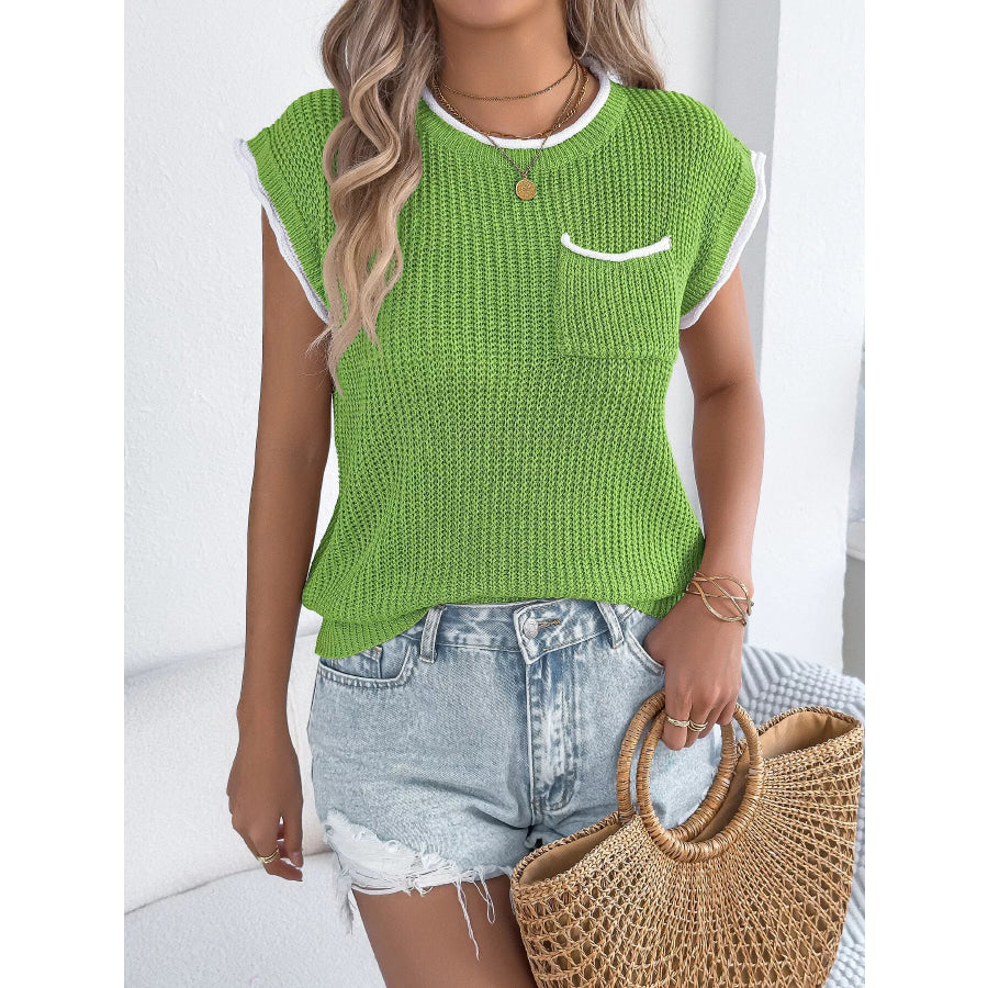 Contrast Trim Round Neck Cap Sleeve Sweater Green / S Apparel and Accessories