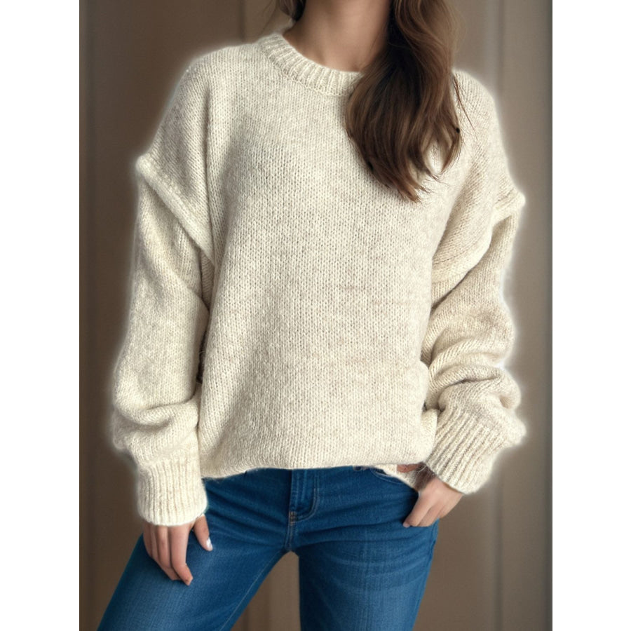 Contrast Trim Round Neck Dropped Shoulder Sweater Apparel and Accessories