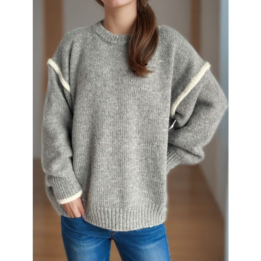 Contrast Trim Round Neck Dropped Shoulder Sweater Apparel and Accessories