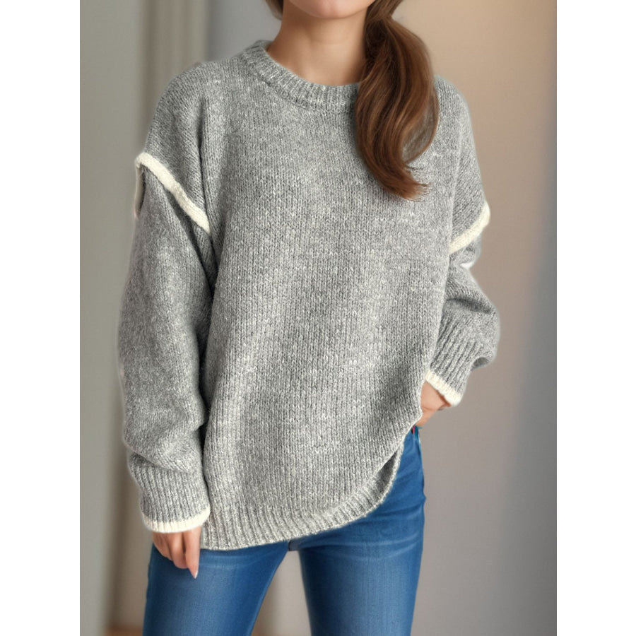 Contrast Trim Round Neck Dropped Shoulder Sweater Apparel and Accessories