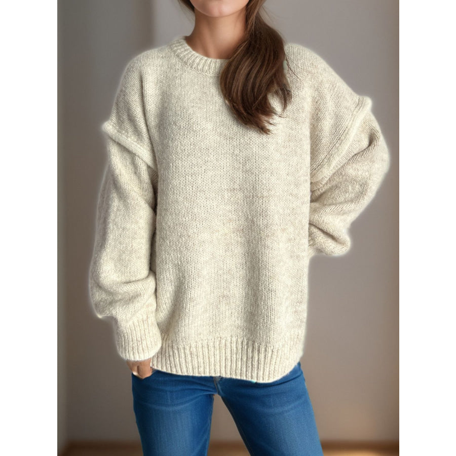 Contrast Trim Round Neck Dropped Shoulder Sweater Apparel and Accessories