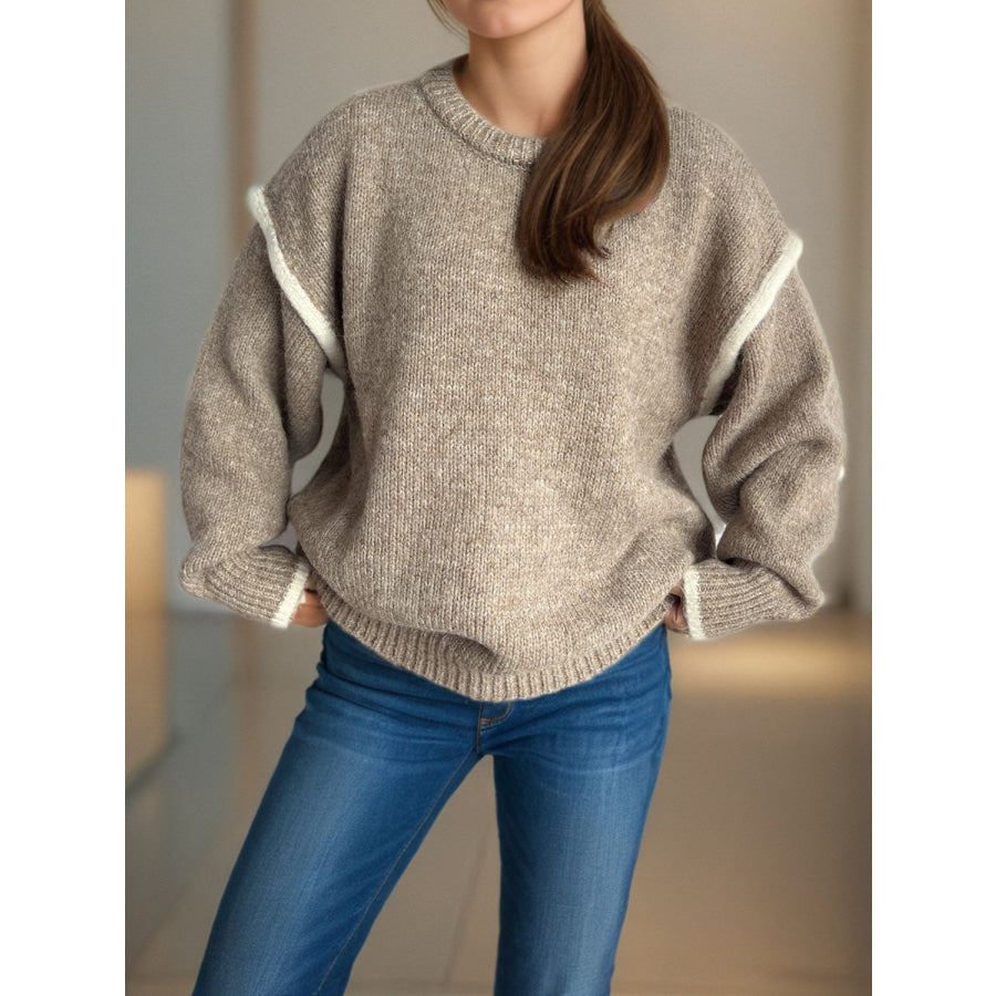 Contrast Trim Round Neck Dropped Shoulder Sweater Apparel and Accessories