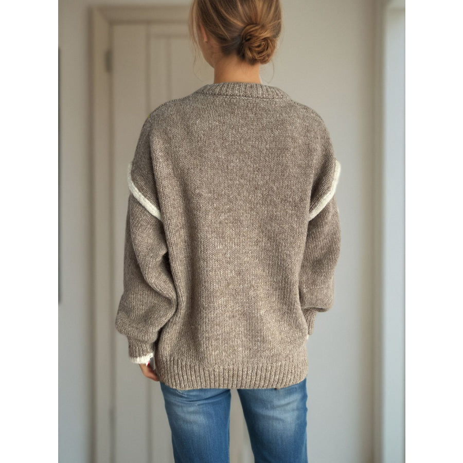 Contrast Trim Round Neck Dropped Shoulder Sweater Apparel and Accessories