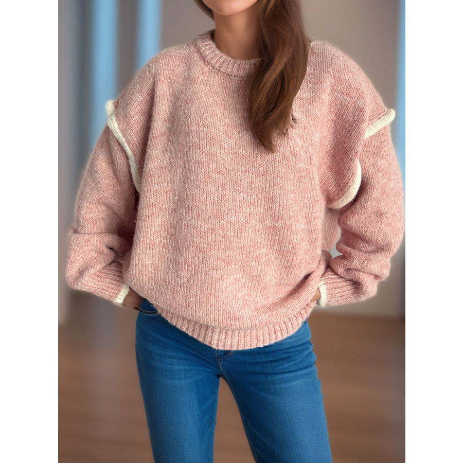 Contrast Trim Round Neck Dropped Shoulder Sweater Apparel and Accessories